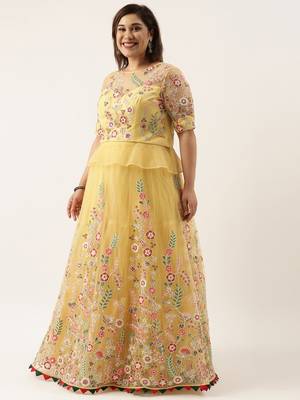 Plus Size Women Yellow Net Semi-Stitched Lehenga & Unstitched Blouse with Dupatta 3