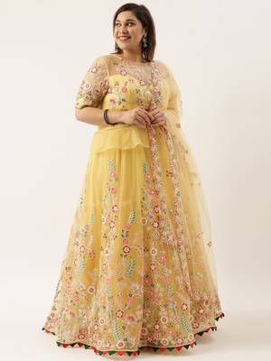 Plus Size Women Yellow Net Semi-Stitched Lehenga & Unstitched Blouse with Dupatta 4
