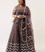 Plus Size Women Burgundy Net Embroidered Semi-Stitched Lehenga & Unstitched Blouse with Dupatta