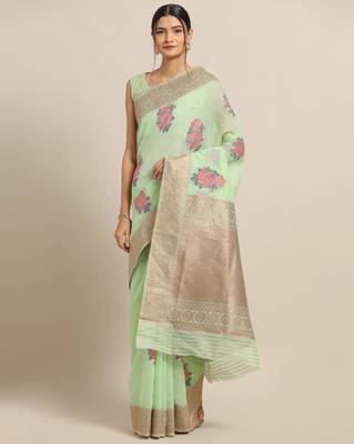 Sareemall Light Green Party Pure Linen Silk Woven Saree With Unstitched Blouse 1