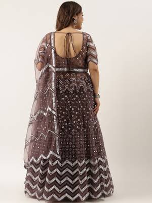 Plus Size Women Burgundy Net Embroidered Semi-Stitched Lehenga & Unstitched Blouse with Dupatta 2