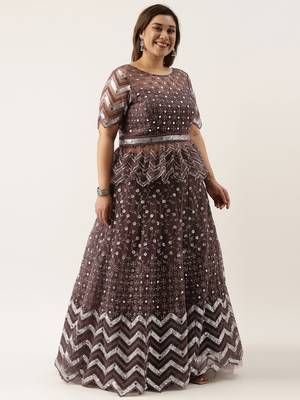 Plus Size Women Burgundy Net Embroidered Semi-Stitched Lehenga & Unstitched Blouse with Dupatta 3