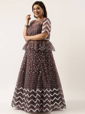 Plus Size Women Burgundy Net Embroidered Semi-Stitched Lehenga & Unstitched Blouse with Dupatta 4