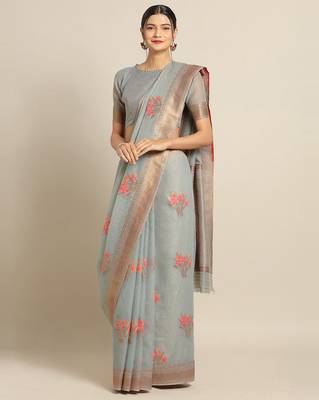Sareemall Grey Party Pure Linen Silk Woven Saree With Unstitched Blouse 1