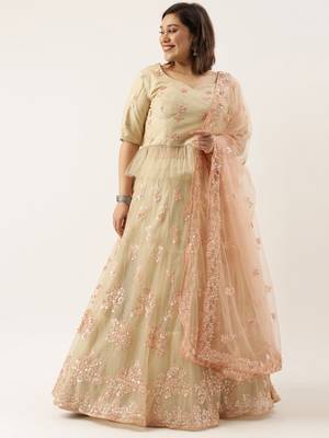 Plus Size Women Peach Net Dual Sequins Embroidered Semi-Stitched Lehenga & Unstitched Blouse with Dupatta 1