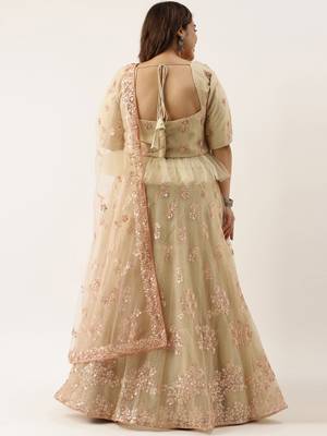 Plus Size Women Peach Net Dual Sequins Embroidered Semi-Stitched Lehenga & Unstitched Blouse with Dupatta 2