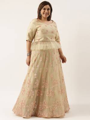 Plus Size Women Peach Net Dual Sequins Embroidered Semi-Stitched Lehenga & Unstitched Blouse with Dupatta 3