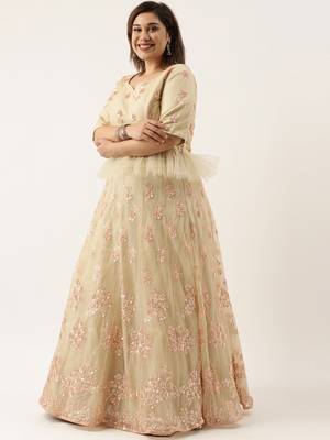 Plus Size Women Peach Net Dual Sequins Embroidered Semi-Stitched Lehenga & Unstitched Blouse with Dupatta 4
