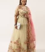 Plus Size Women Cream Net Embroidered Semi-Stitched Lehenga & Unstitched Blouse with Dupatta