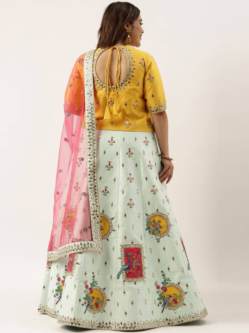 Plus Size Women Sky Net Embroidered Semi-Stitched Lehenga & Unstitched Blouse with Dupatta