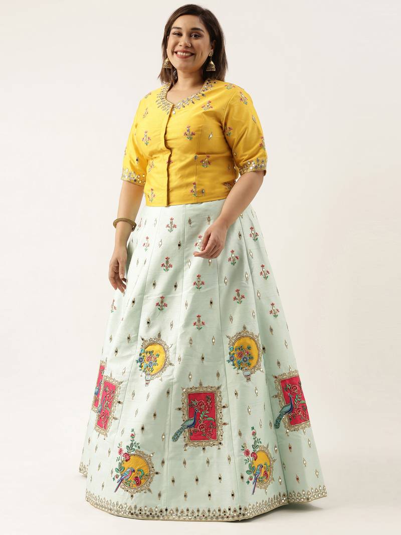 Plus Size Women Sky Net Embroidered Semi-Stitched Lehenga & Unstitched Blouse with Dupatta