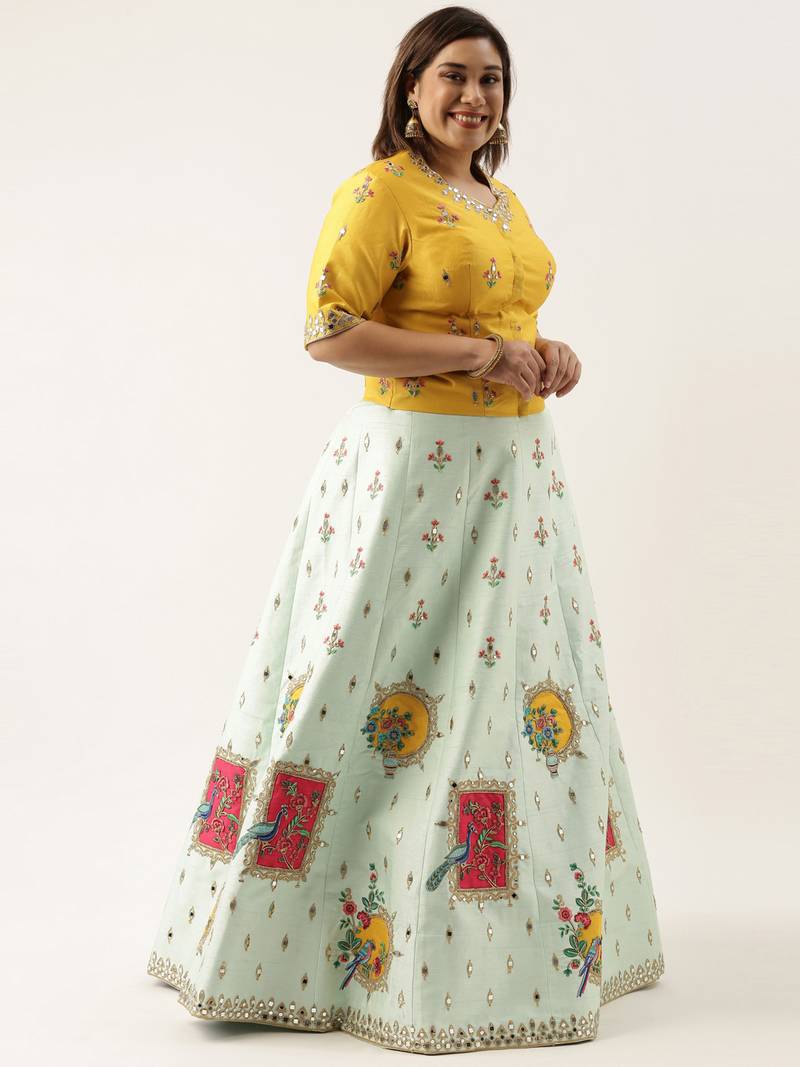 Plus Size Women Sky Net Embroidered Semi-Stitched Lehenga & Unstitched Blouse with Dupatta