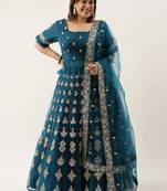 Plus Size Women Teal Net Mirror Work Semi-Stitched Lehenga & Unstitched Blouse with Dupatta