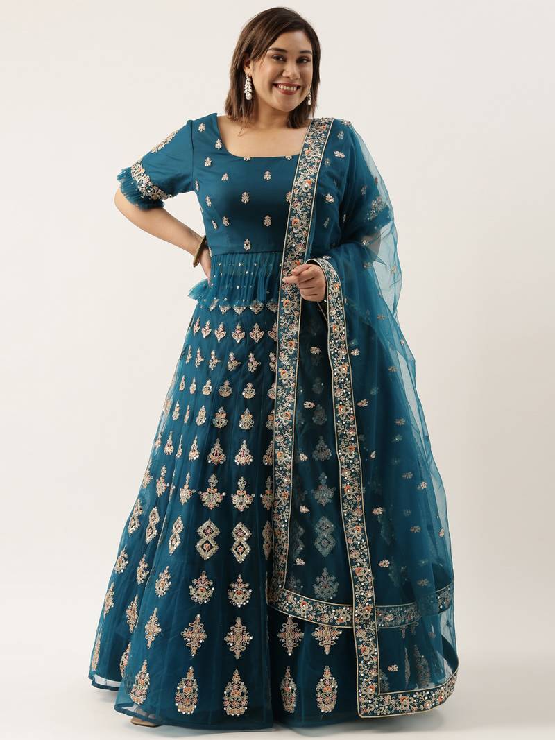 Plus Size Women Teal Net Mirror Work Semi-Stitched Lehenga & Unstitched Blouse with Dupatta
