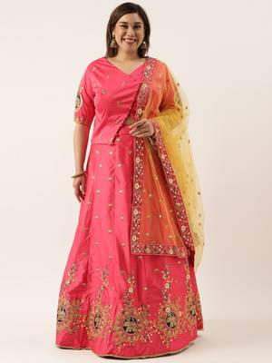Plus Size Women Pink Satin Silk Embroidered Semi-Stitched Lehenga & Unstitched Blouse with Dupatta 1
