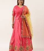Plus Size Women Pink Satin Silk Embroidered Semi-Stitched Lehenga & Unstitched Blouse with Dupatta
