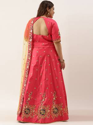 Plus Size Women Pink Satin Silk Embroidered Semi-Stitched Lehenga & Unstitched Blouse with Dupatta 3