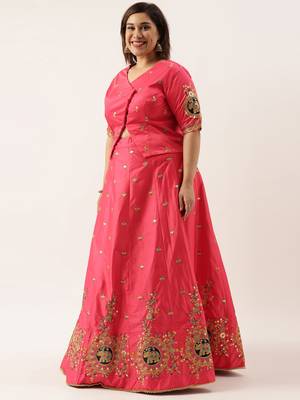 Plus Size Women Pink Satin Silk Embroidered Semi-Stitched Lehenga & Unstitched Blouse with Dupatta 4