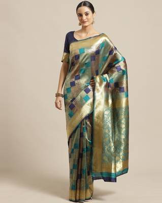 Sareemall Teal Green & Navy Blue Festive Silk Blend Woven Saree With Unstitched Blouse 1