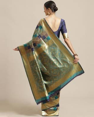Sareemall Teal Green & Navy Blue Festive Silk Blend Woven Saree With Unstitched Blouse 2