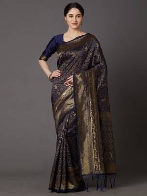 Sareemall Navy Blue Festive Silk Blend Woven Saree With Unstitched Blouse 1