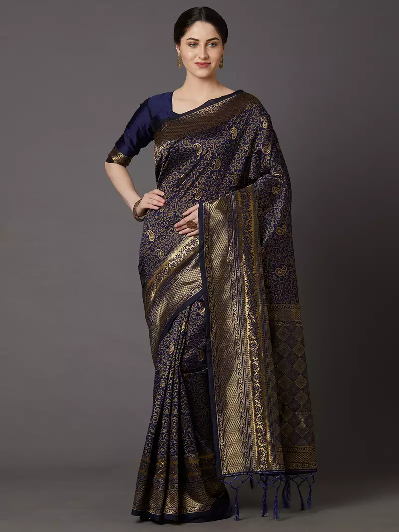 Sareemall Navy Blue Festive Silk Blend Woven Saree With Unstitched Blouse