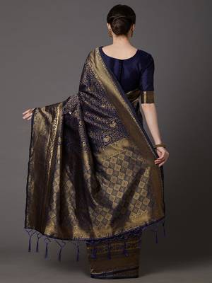 Sareemall Navy Blue Festive Silk Blend Woven Saree With Unstitched Blouse 2