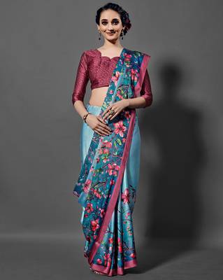 Sareemall Blue Casual Satin Crepe Printed Saree With Unstitched Blouse 1