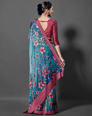 Sareemall Blue Casual Satin Crepe Printed Saree With Unstitched Blouse 2