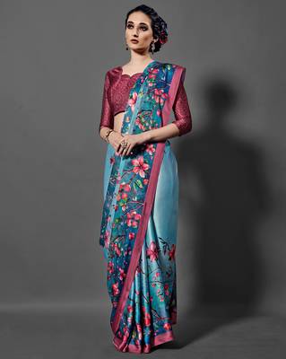 Sareemall Blue Casual Satin Crepe Printed Saree With Unstitched Blouse 3