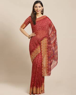 Sareemall Maroon Casual Brasso Printed Saree With Unstitched Blouse 1