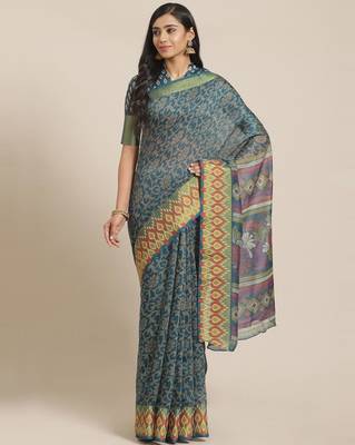Sareemall Teal Blue Casual Brasso Printed Saree With Unstitched Blouse 1