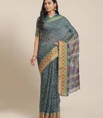 Sareemall Teal Blue Casual Brasso Printed Saree With Unstitched Blouse