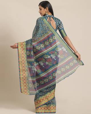 Sareemall Teal Blue Casual Brasso Printed Saree With Unstitched Blouse 2