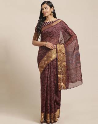 Sareemall Brown Casual Brasso Printed Saree With Unstitched Blouse 1