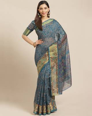 Sareemall Teal Green Casual Brasso Printed Saree With Unstitched Blouse 1