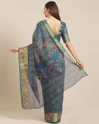 Sareemall Teal Green Casual Brasso Printed Saree With Unstitched Blouse 2