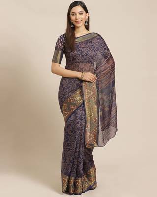 Sareemall Navy Blue Casual Brasso Printed Saree With Unstitched Blouse 1