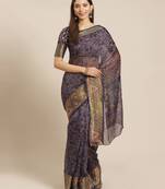 Sareemall Navy Blue Casual Brasso Printed Saree With Unstitched Blouse