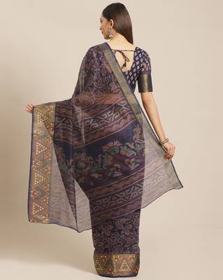 Sareemall Navy Blue Casual Brasso Printed Saree With Unstitched Blouse 2
