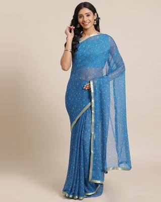 Sareemall Sky Blue Casual Chiffon Printed Saree With Unstitched Blouse 1