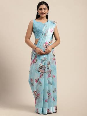 Sareemall Blue Casual Linen Blend Printed Saree With Unstitched Blouse 1