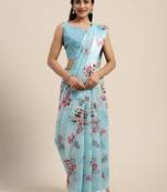 Sareemall Blue Casual Linen Blend Printed Saree With Unstitched Blouse