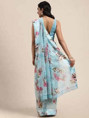 Sareemall Blue Casual Linen Blend Printed Saree With Unstitched Blouse 2