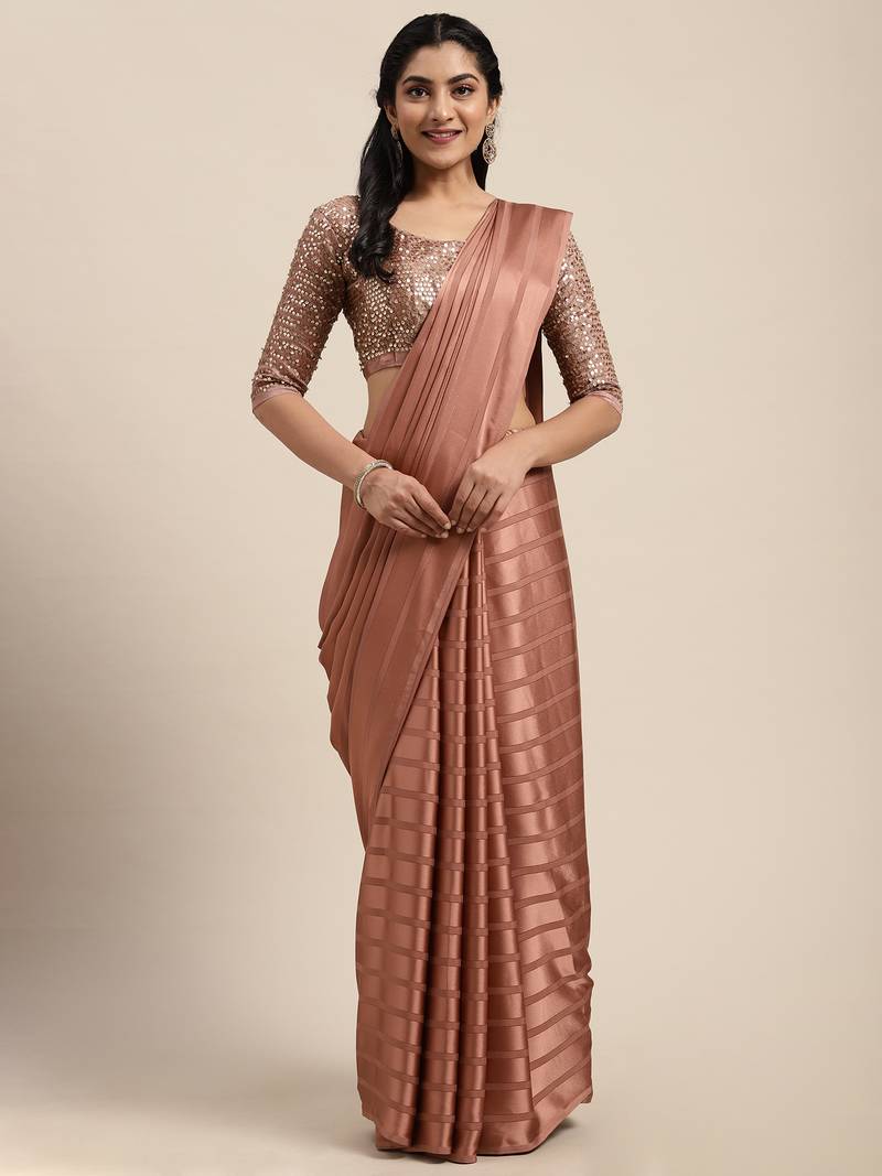 Sareemall Dusty Rose /Brown Casual Japan Satin Printed Saree With Unstitched Blouse
