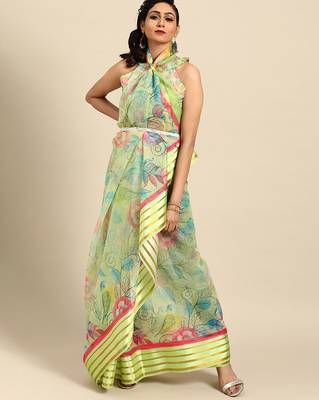 Sareemall Parrot Green Casual Organza Printed Saree With Unstitched Blouse 1