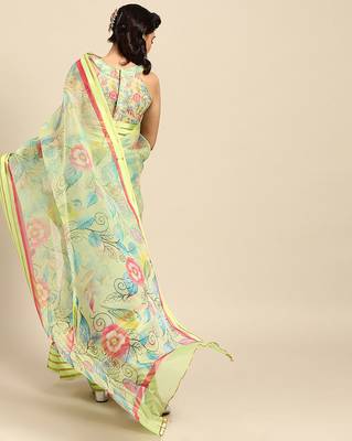 Sareemall Parrot Green Casual Organza Printed Saree With Unstitched Blouse 2