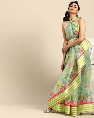 Sareemall Parrot Green Casual Organza Printed Saree With Unstitched Blouse 3