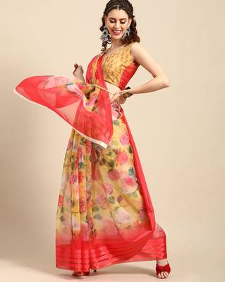 Sareemall Mustard Casual Organza Printed Saree With Unstitched Blouse 1