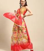 Sareemall Mustard Casual Organza Printed Saree With Unstitched Blouse